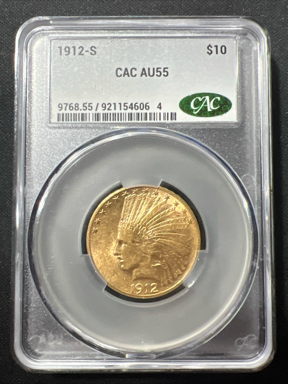 1912-S $10 INDIAN HEAD GOLD EAGLE CERTIFIED CAC AU55 * RARE SAN FRANCISCO